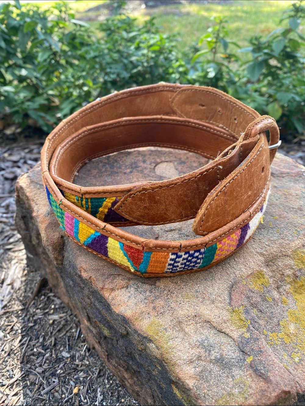 Tan Leather Women's Belt with Colorful Woven Inlay Made inn Guatemala